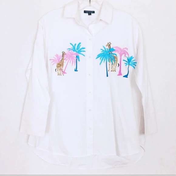 Topshop Giraffe Palm Tree White Button Down Shirt 8 Cotton Top Shop Zoo Animal M - Picture 4 of 8